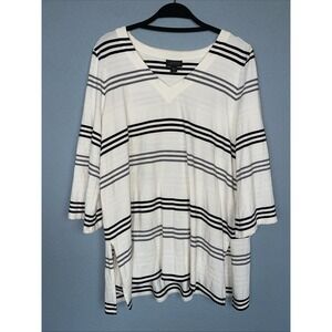 J Jill Wearever Top Cream Black Stripe V Neck 3/4 Bell Sleeves Tunic Med Stretch